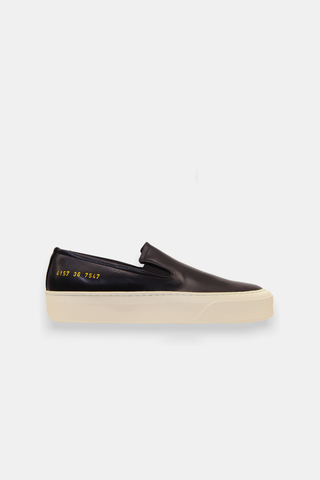 black slip on leather sneakers common projects