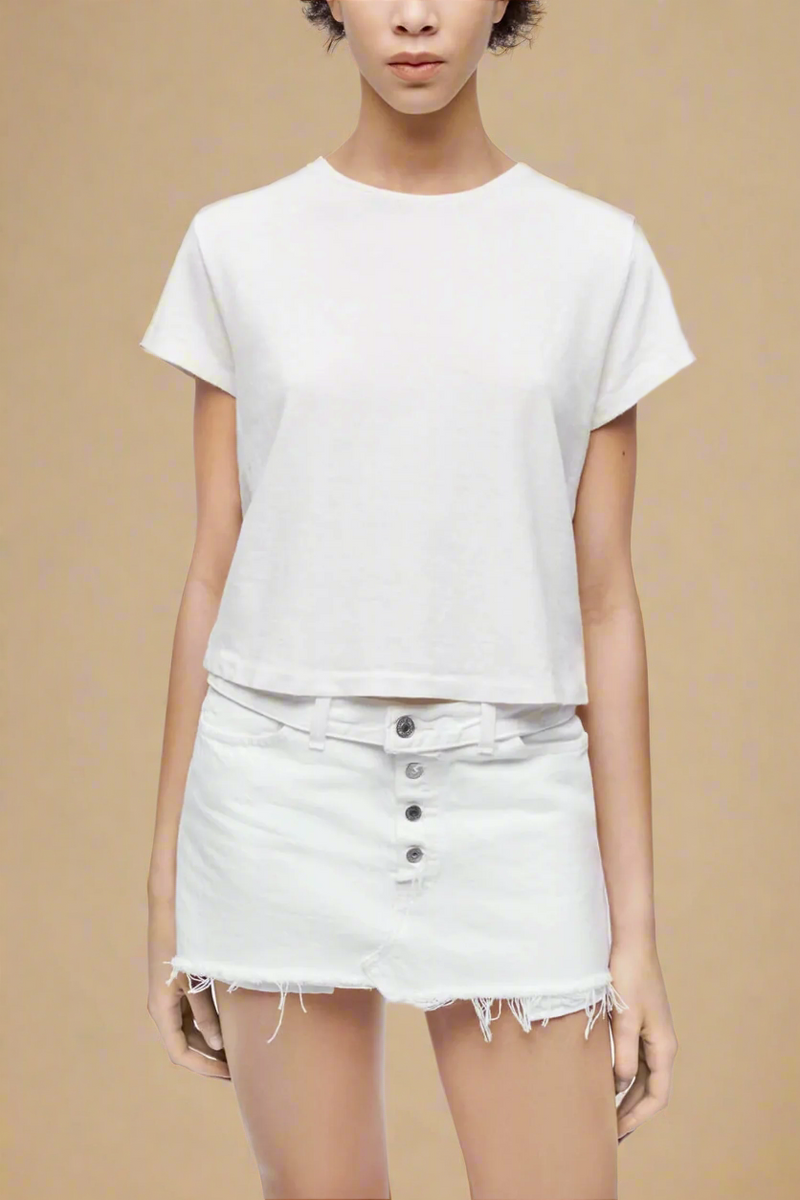 front model pose wearing1950's Boxy Short Sleeve cotton crewneck Tee In Vintage White
