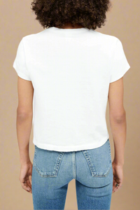 back model pose wearing 1950's Boxy Short Sleeve cotton crewneck Tee In Optic White