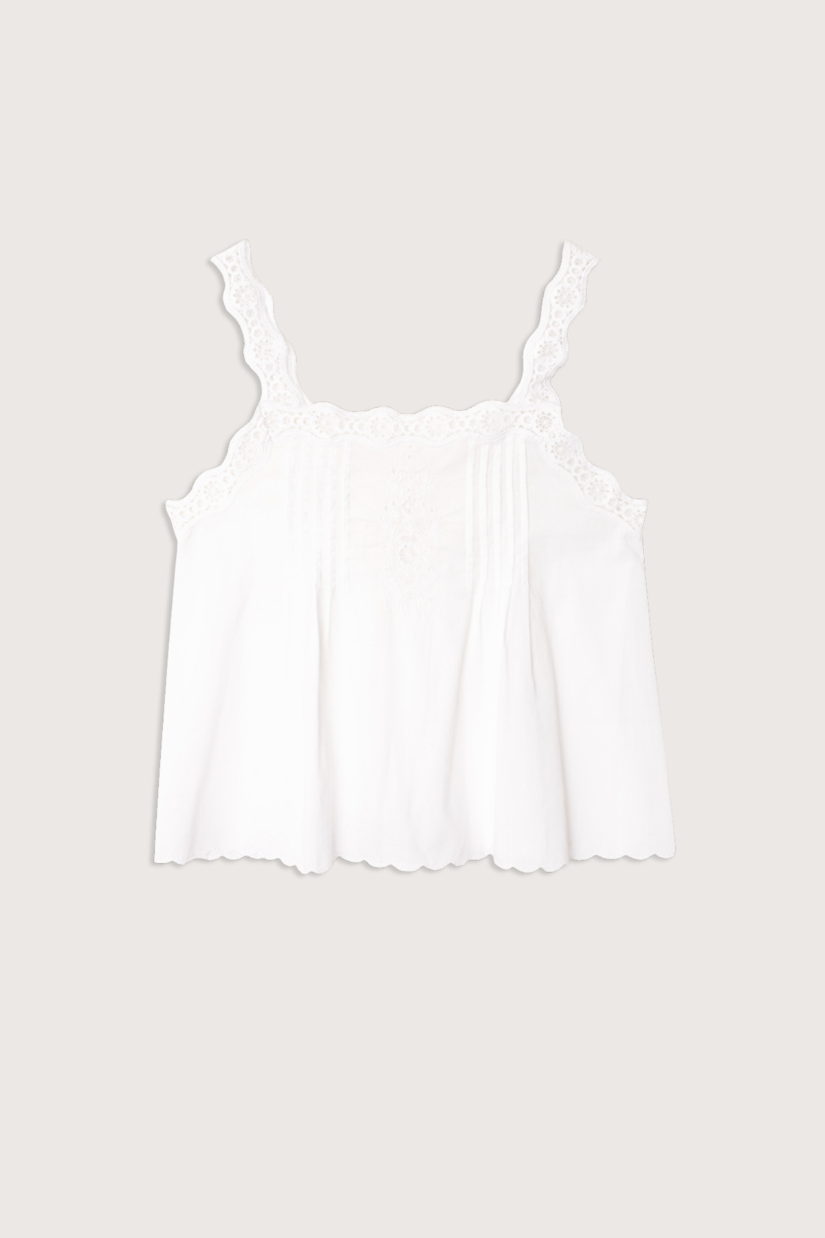 flat lay Abby Cotton Cami Top white Superfine cotton voile
Camisole
Lace-trim straps
Square neck
Pintuck detailing
Eyelet insets
Scalloped hem
Calista Cotton
100% Cotton
