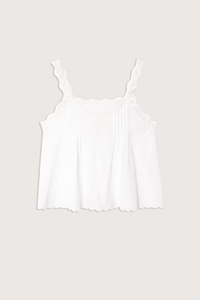 flat lay Abby Cotton Cami Top white Superfine cotton voile
Camisole
Lace-trim straps
Square neck
Pintuck detailing
Eyelet insets
Scalloped hem
Calista Cotton
100% Cotton