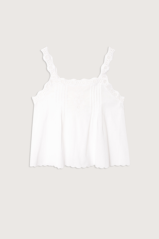 flat lay Abby Cotton Cami Top white Superfine cotton voile
Camisole
Lace-trim straps
Square neck
Pintuck detailing
Eyelet insets
Scalloped hem
Calista Cotton
100% Cotton