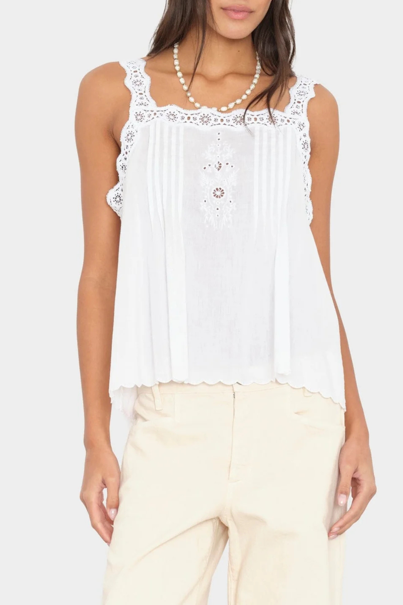 front profile model wearing Abby Cotton Cami Top white Superfine cotton voile
Camisole
Lace-trim straps
Square neck
Pintuck detailing
Eyelet insets
Scalloped hem
Calista Cotton
100% Cotton