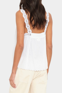 back profile model wearing Abby Cotton Cami Top white Superfine cotton voile
Camisole
Lace-trim straps
Square neck
Pintuck detailing
Eyelet insets
Scalloped hem
Calista Cotton
100% Cotton
