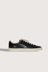 side profile Achilles Sport Premium black leather upper off white rubber sole lace up sleek slim style gold stamp numbers on the side