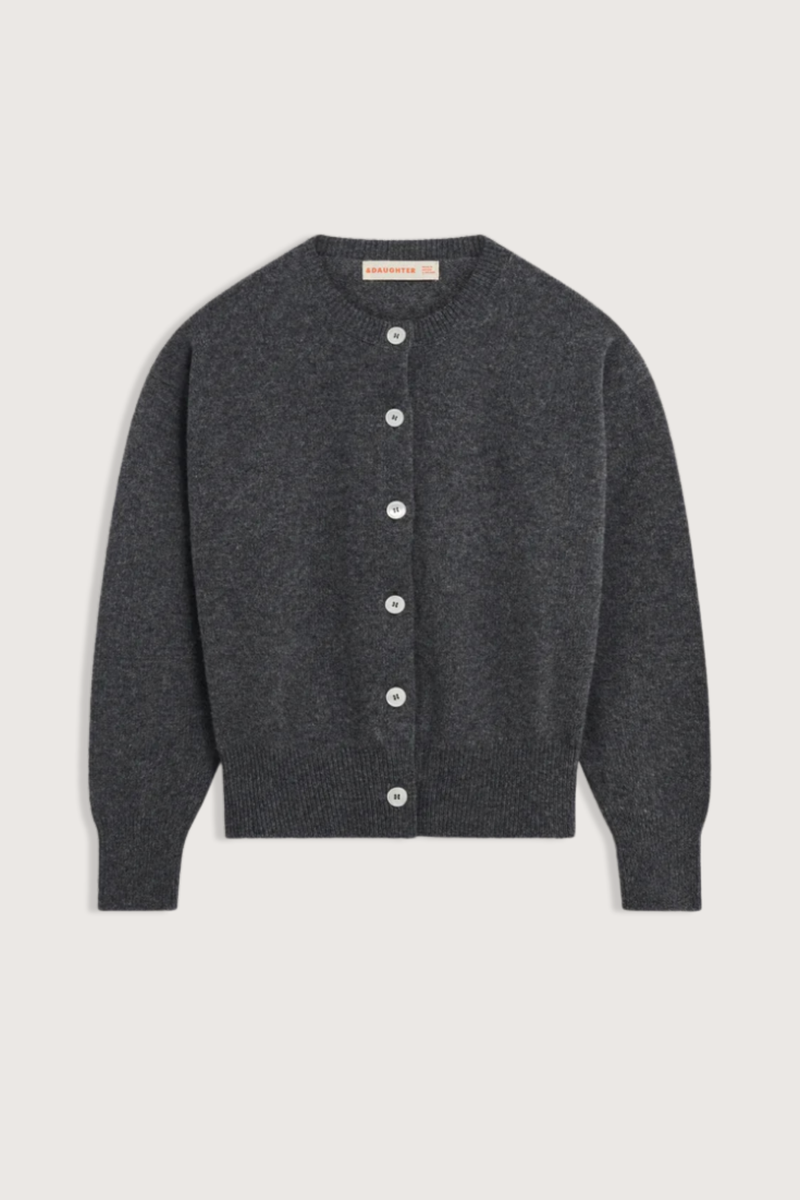 flat lay Ada Crew Neck Cardigan Derby Grey subtly slouchy relaxed silhouette
Trocus shell buttons
100% Geelong Lambswool
Mid-weight
100% Scottish Spun yarn