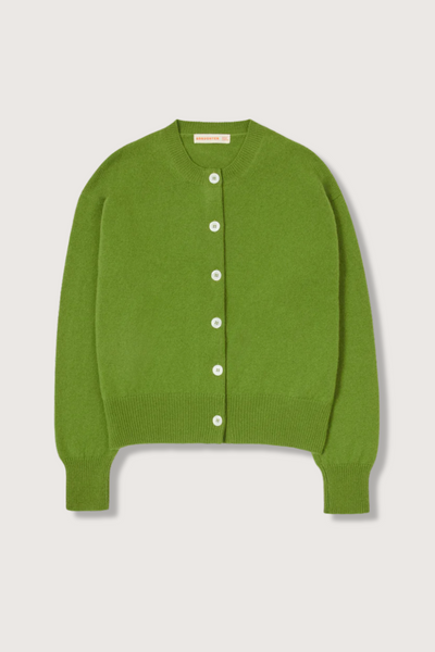 flat lay Ada Crew Neck Cardigan Green lambswool relaxed fit crewneck with white buttons
