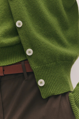 close up detail texture of Ada Crew Neck Cardigan Green lambswool relaxed fit