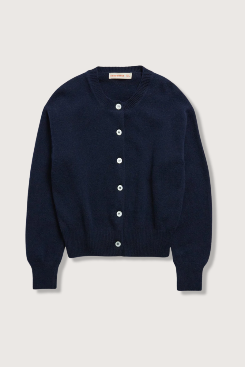 flat lay Ada Crew Neck Cardigan Navy lambswool relaxed fit