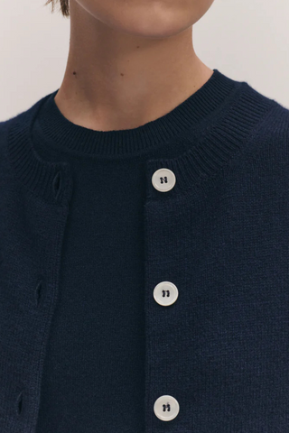 close up texture detail for Ada Crew Neck Cardigan Navy lambswool relaxed fit