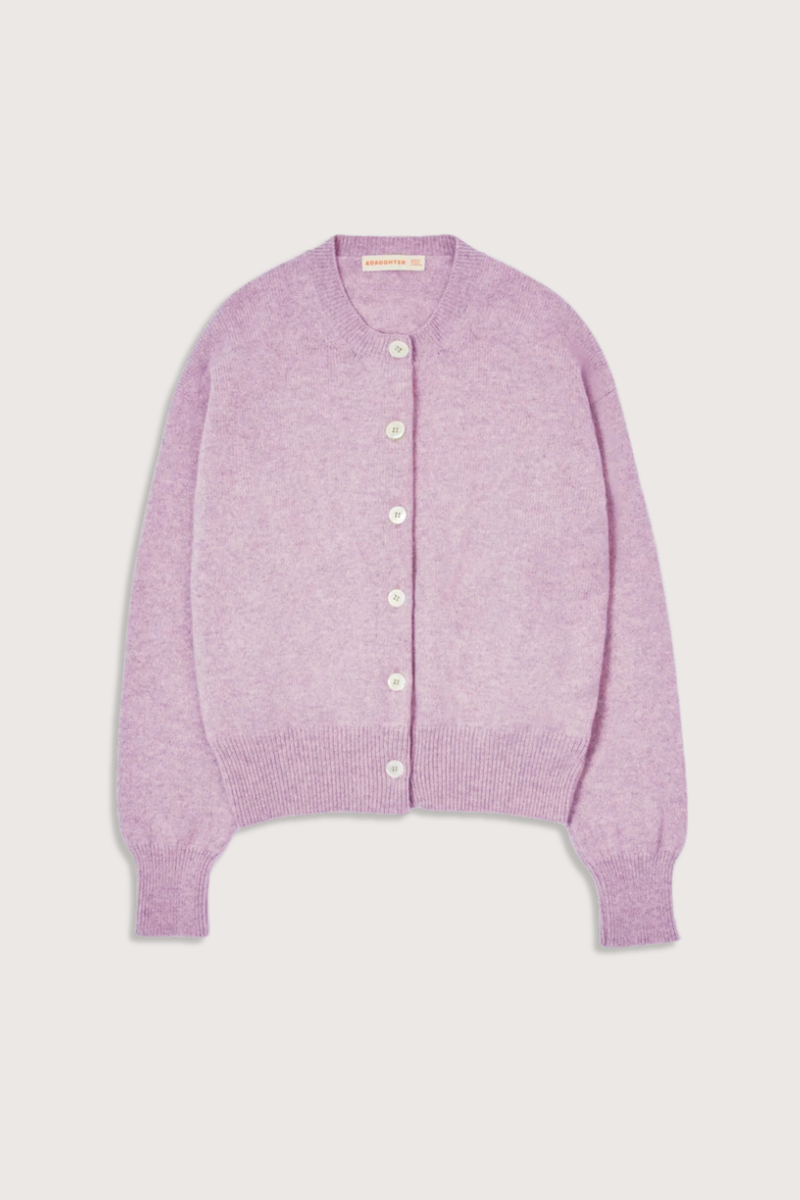 flat lay Ada Crew Neck Cardigan Pansy Purple lambswool crewneck long sleeve white button closure ribbed cuff and hem