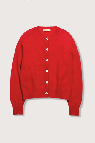 flat lay Ada Crew Neck Cardigan Poppy Red  lambswool relaxed fit