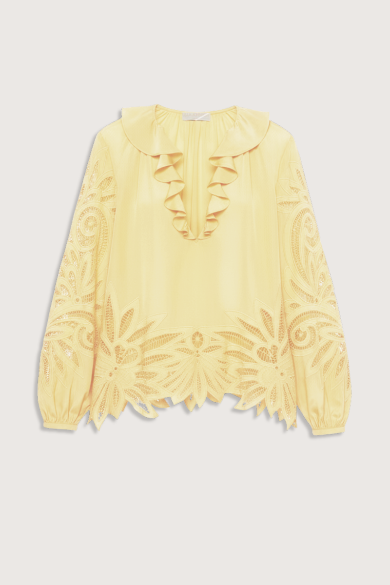 flat lay Adonis Silk Top dandellion yellow Botanical embroidery
Silk crepe de chine
Relaxed fit
V-neckline with ruffles long sleeves with elastic cuffs
Pullover style