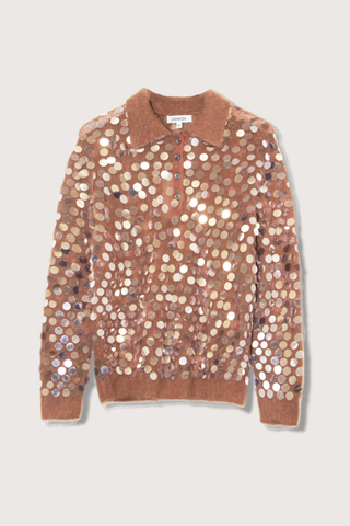 flat lay Adora Long sleeve Pailette polo camel with red contrast on collar button area