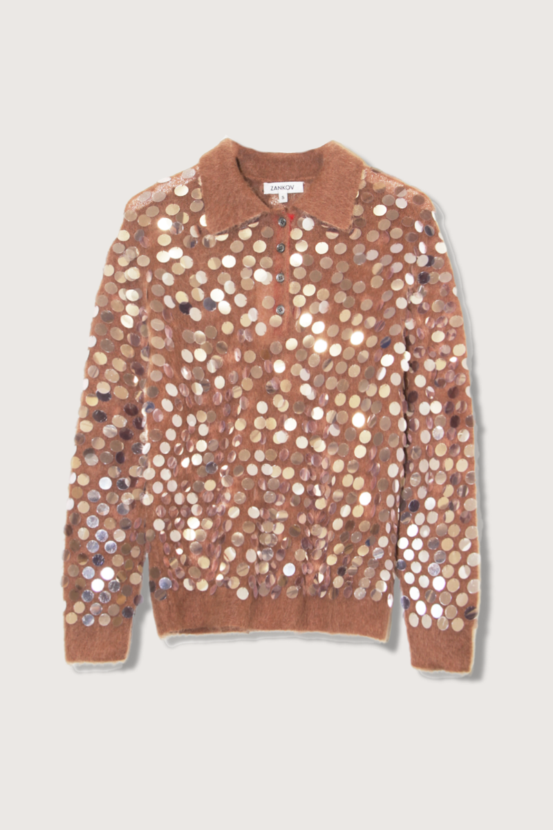 flat lay Adora Long sleeve Pailette polo camel with red contrast on collar button area