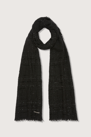flat lay Adrienne With Silver Glitter Scarf fringe edge