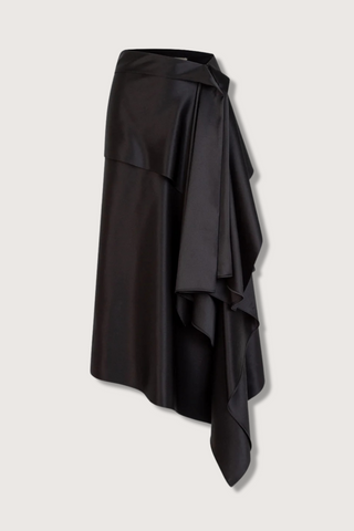 flat lay Agatha Asymmetric Hem Skirt silk black cascade drape midi length