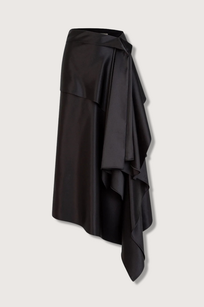 flat lay Agatha Asymmetric Hem Skirt silk black cascade drape midi length