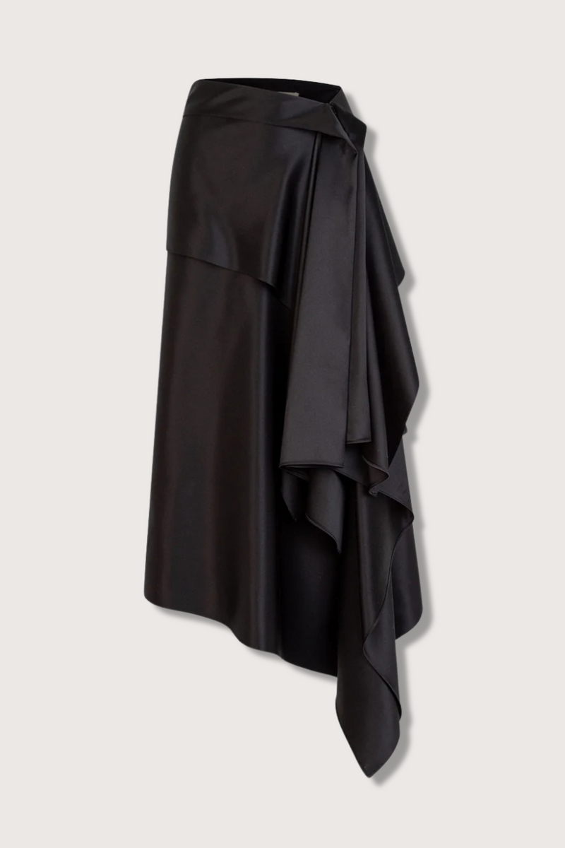 flat lay Agatha Asymmetric Hem Skirt silk black cascade drape midi length