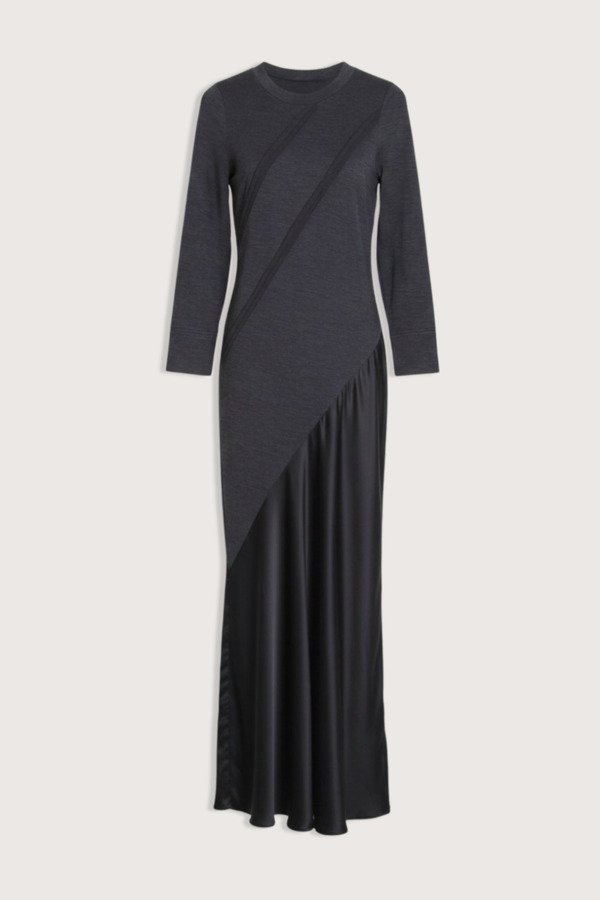 flat lay Agathe Wool/Silk Maxi Dress  charcoal grey 67% Wool, 33% Nylon
Maxi length
Long sleeve
Crewneck