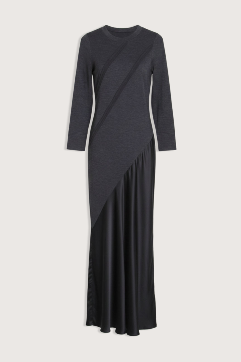 flat lay Agathe Wool/Silk Maxi Dress  charcoal grey 67% Wool, 33% Nylon
Maxi length
Long sleeve
Crewneck