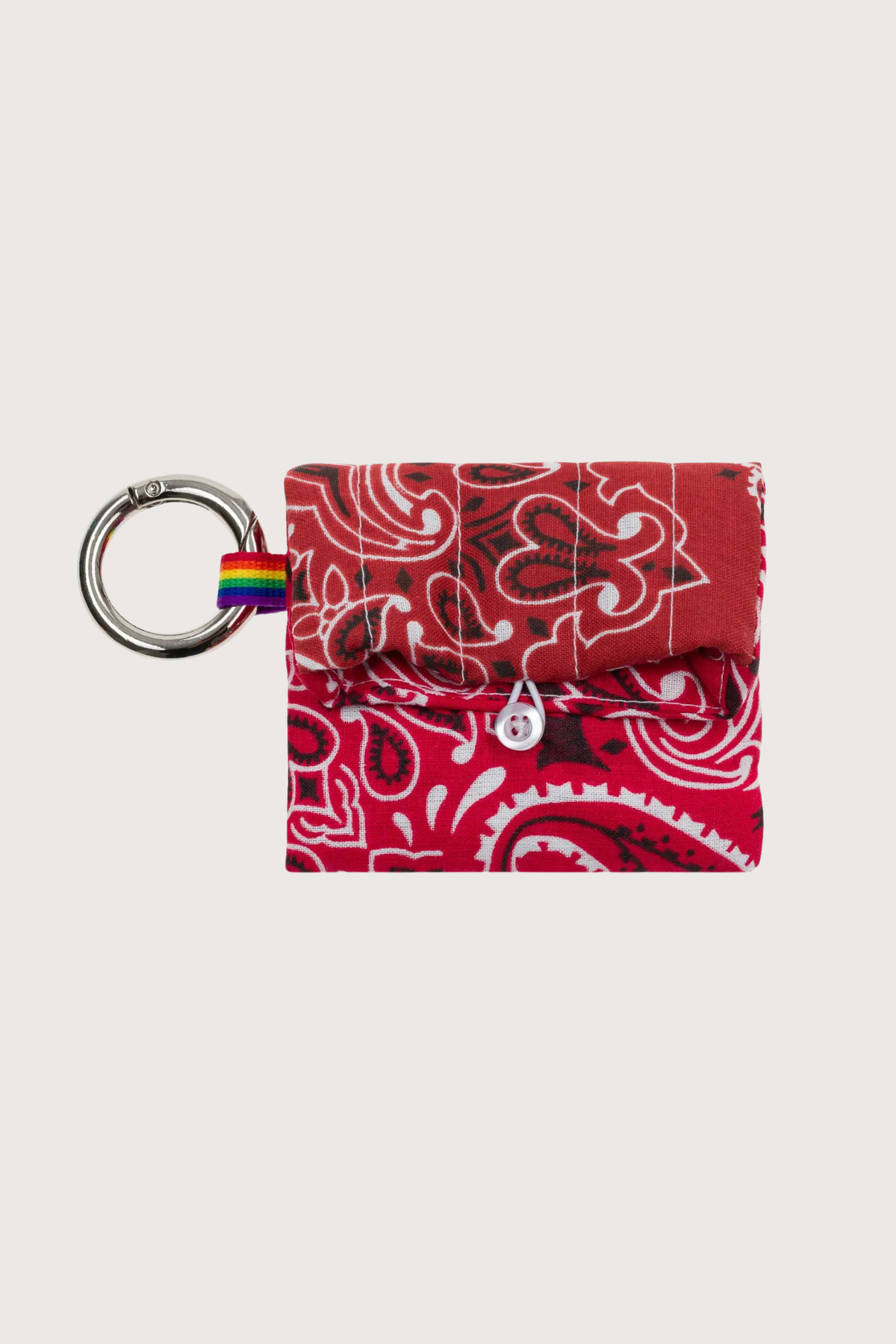 front profile Airpod Case Red bandana cotton with snap hook and button closure