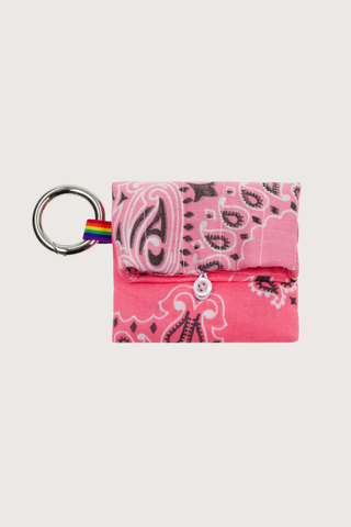 front profile Airpod Case Strawberry / Pale Pink with snap hook and button closure cotton bandana