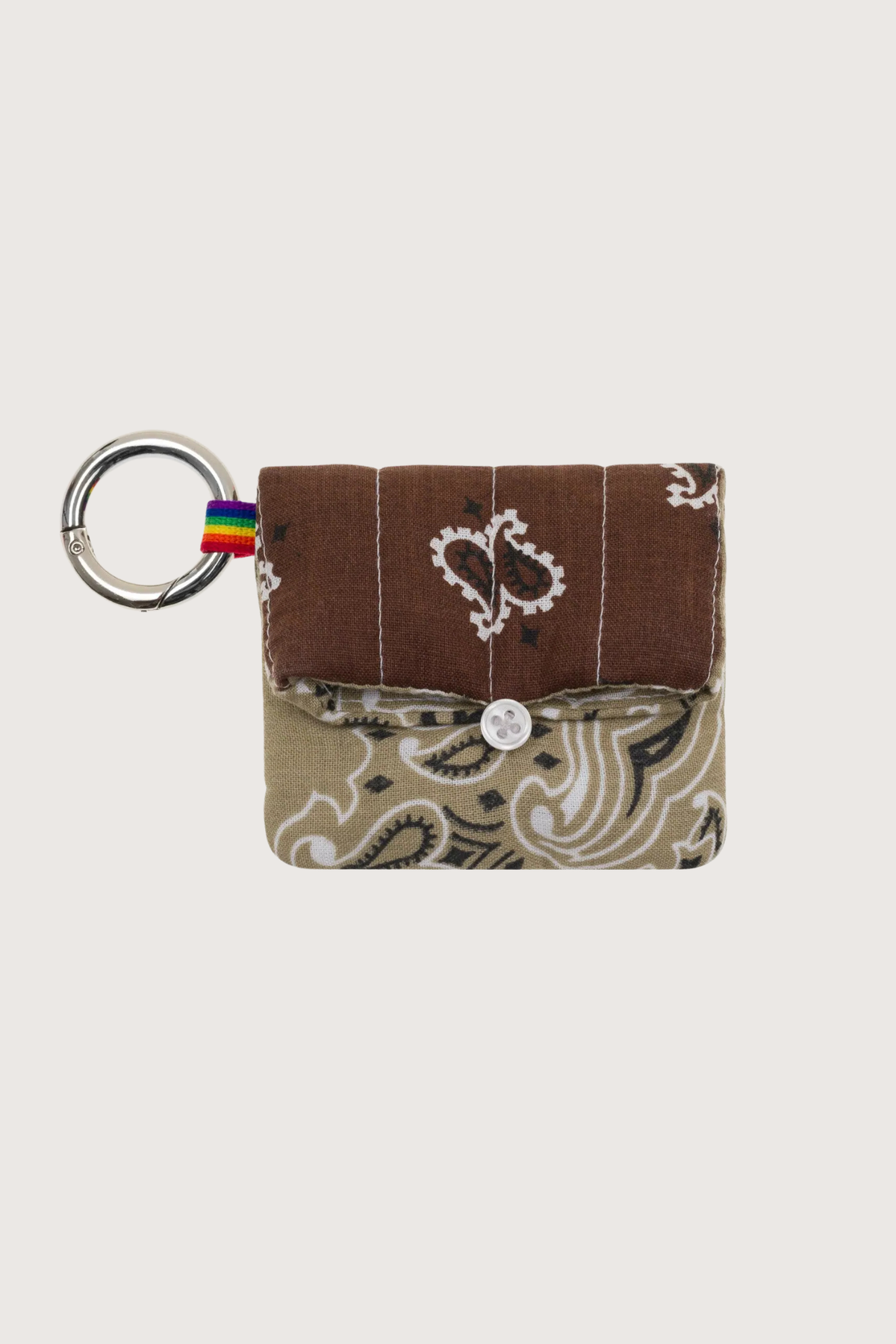 front profile Airpods Case Maroon/Beige bandana cotton with snap hook and button closure