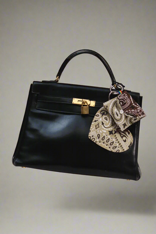 model wearing Airpods Case Maroon/Beige bandana cotton with snap hook