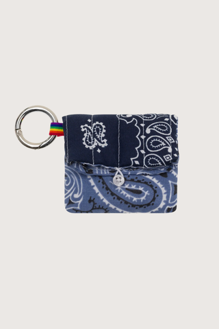 front profile Airpods Case Navy/Chambray bandana cotton with snap hook and button closure