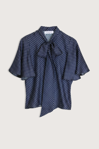 flat lay Alessa Polka Dot Blouse marine navy 100% Silk flutter sleeve