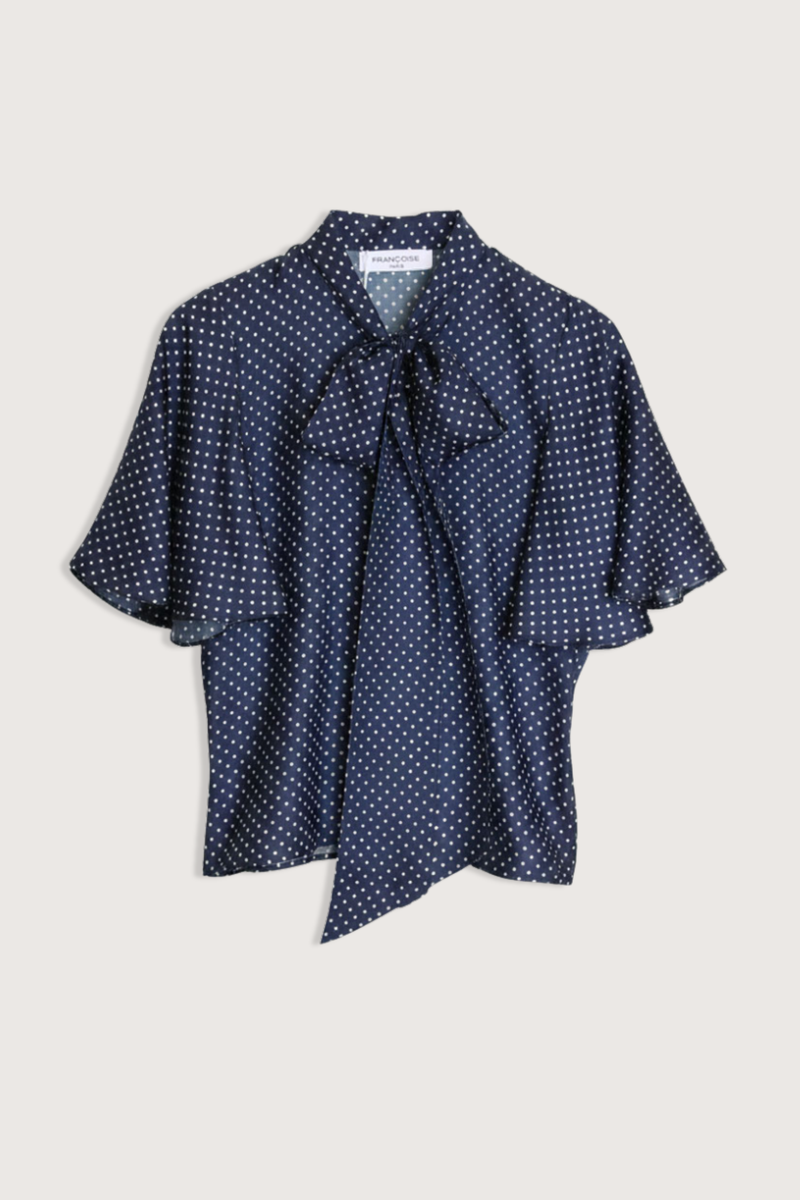 flat lay Alessa Polka Dot Blouse marine navy 100% Silk flutter sleeve
