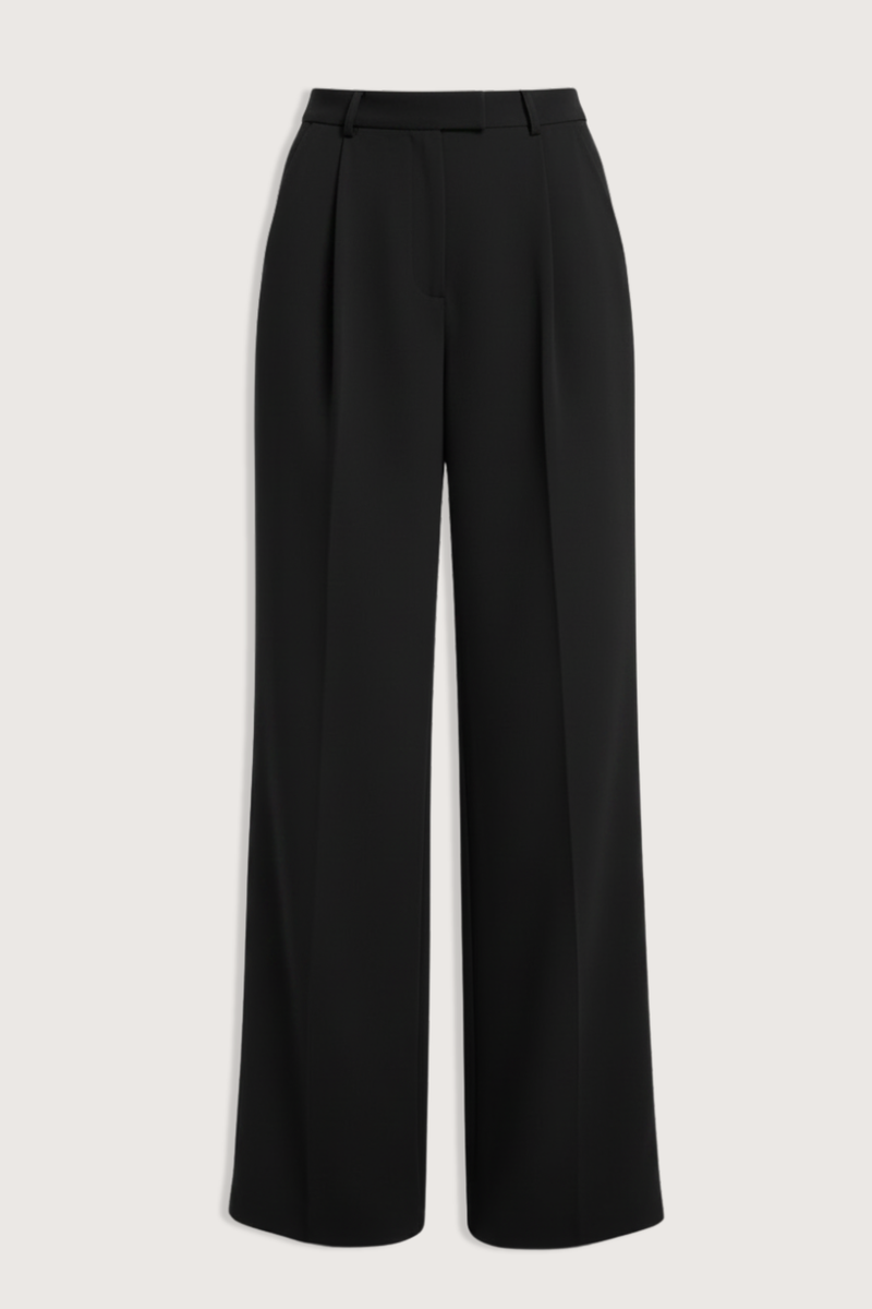 flat lay Alexis Mid Rise Trouser Black Mid-rise waist
Relaxed wide-leg
Front pleats
Hidden hook-and-clasp closure
100% Polyester