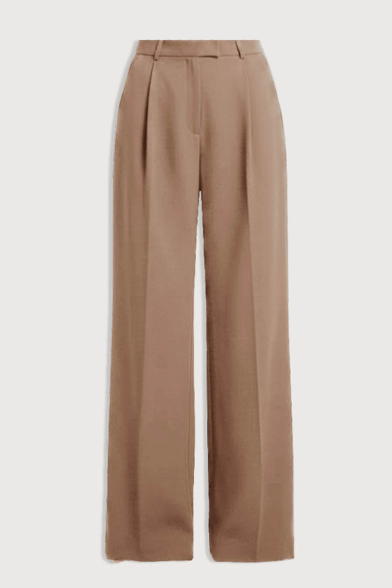 flat lay Alexis Mid Rise Trouser Camel Mid-rise waist
Relaxed wide-leg
Front pleats
Hidden hook-and-clasp closure
100% Polyester