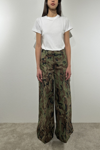 model wearing Alma Cotton Camo Pant wide leg with pockets