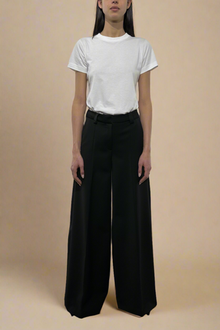 model wearing Alma Pant Black wide leg with pockets