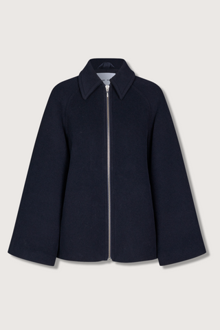 flat lay Alma Wool Blend Zip Front Jacket navy blue pointed collar relaxed fit raglan sleeves