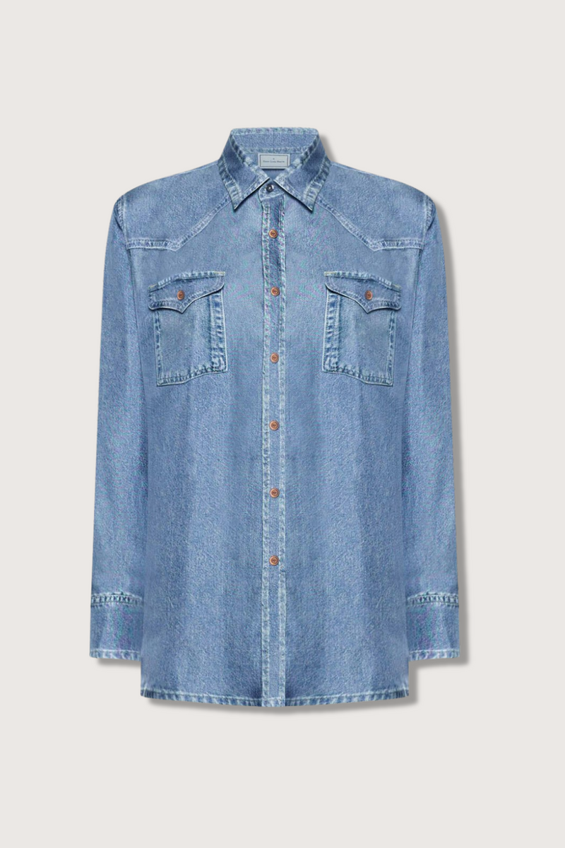 flat lay Aloe Silk Shirt Light Blue Silk shirt with denim effect reimagines a western classic with refined tailoring