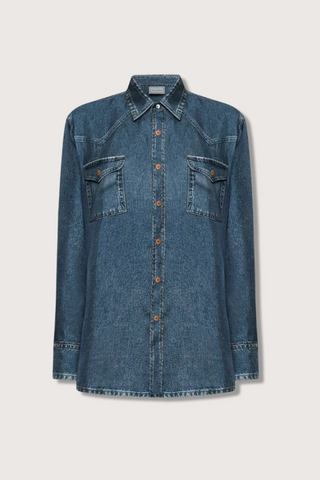 flat lay Aloe Silk Shirt Medium Blue Silk shirt with denim effect reimagines a western classic with refined tailoring