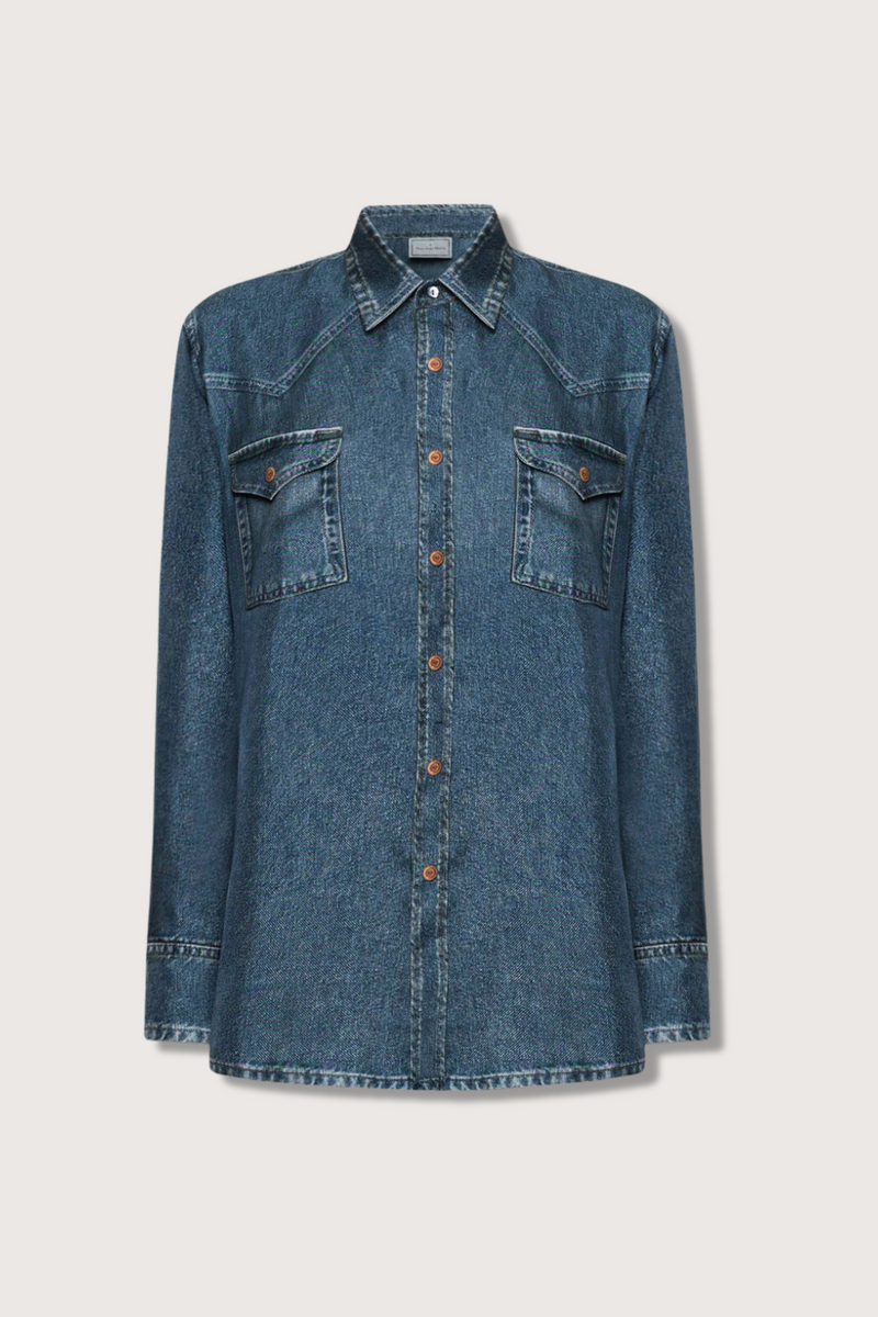 flat lay Aloe Silk Shirt Medium Blue Silk shirt with denim effect reimagines a western classic with refined tailoring