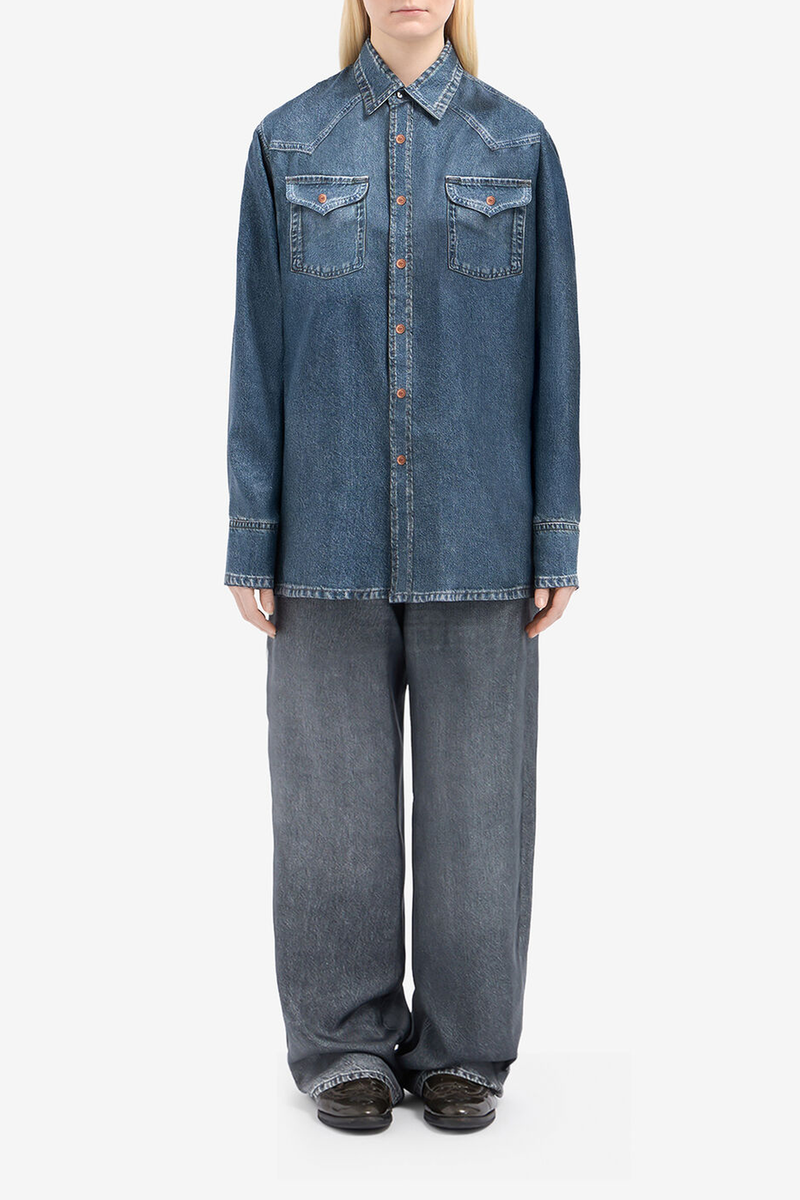 front profile model wearing Aloe Silk Shirt Medium Blue Silk shirt with denim effect reimagines a western classic with refined tailoring