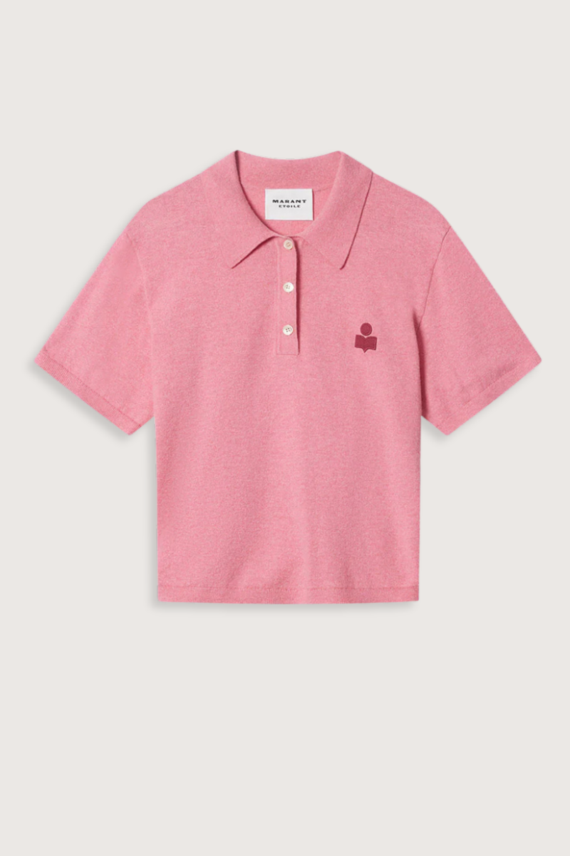 flat lay Althea S/S Polo Bubblegum Cotton and wool blend knit polo
Polo collar extending into a button tab
Short sleeves
"IM" logo embroidered on the chest
Ribbed finishes
Fitted cut
70% cotton (1), 30% wool