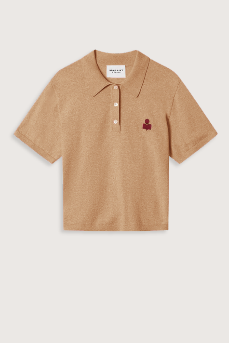 flat lay Althea S/S Polo Camel Cotton and wool blend knit polo
Polo collar extending into a button tab
Short sleeves
"IM" logo embroidered on the chest
Ribbed finishes
Fitted cut
70% cotton (1), 30% wool