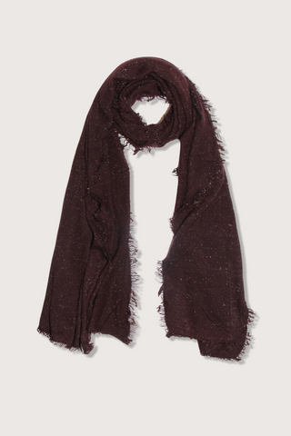 flat lay Alux Lurex Scarf Chocolate fringe edge