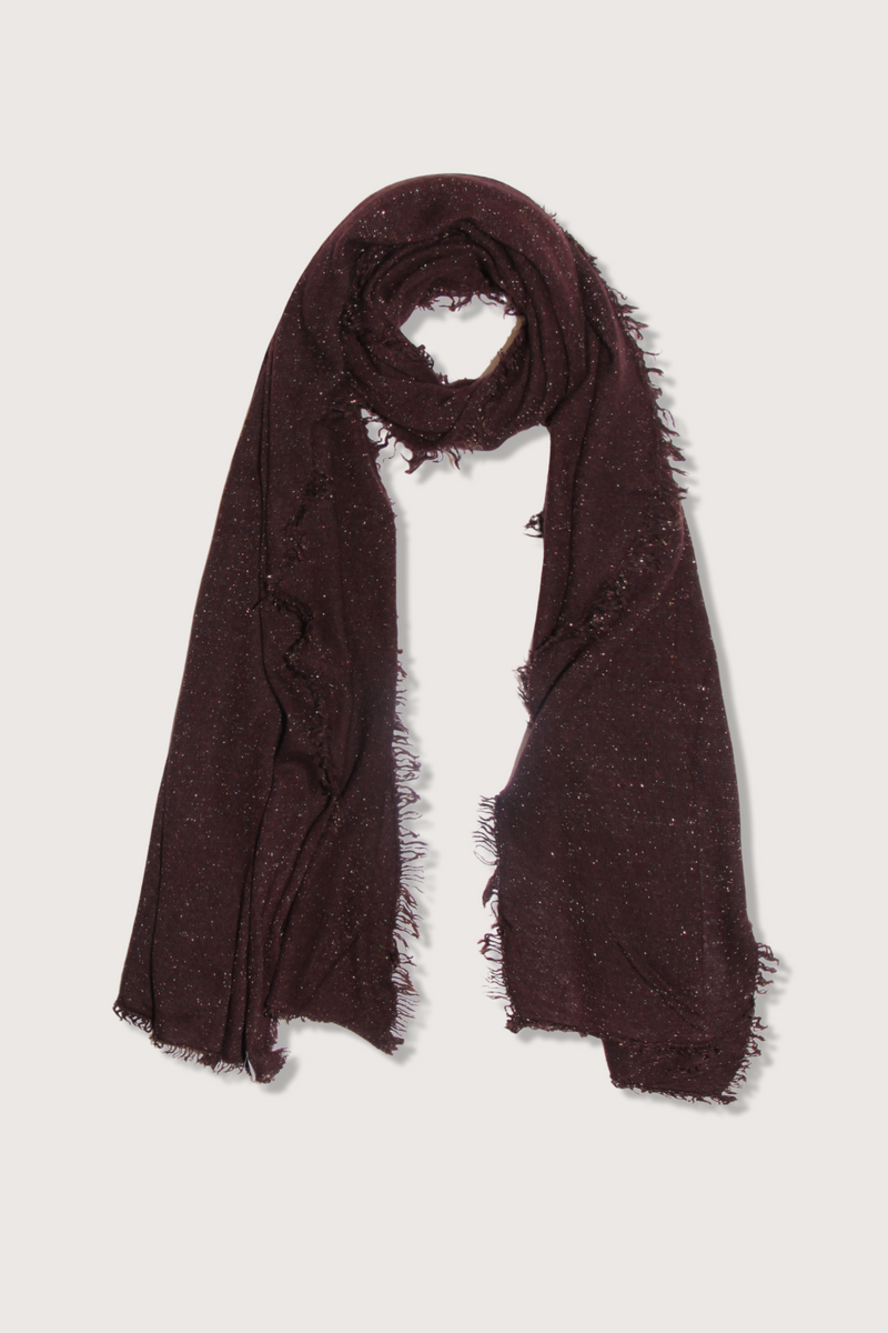 flat lay Alux Lurex Scarf Chocolate fringe edge