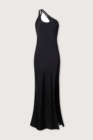 flat lay Amalthea Maxi black Dress one shoulder