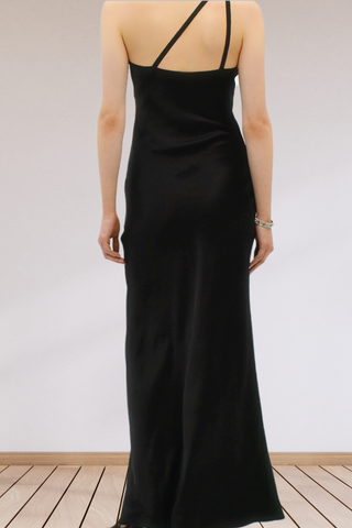 back profile model wearing Amalthea Maxi Dress black