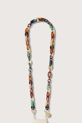 flat lay Amber Short Chain For Phone Multi-colored chain with gold carabiners iphone strap