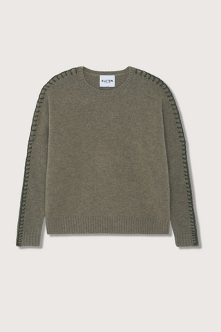 flat lay Amea Sweater khaki green cashmere crewneck 2-threads jersey knitting