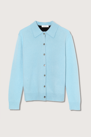 flat lay Andrew Button Down Merino/Cashmere blue long sleeve cardigan shirt blue front white back colorblock